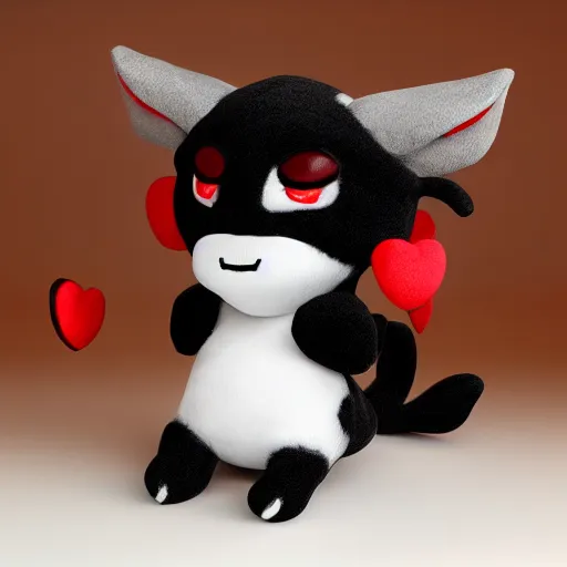 Image similar to cute fumo chibi plush imp, black and white with red hearts, companion, soft shadow, vray