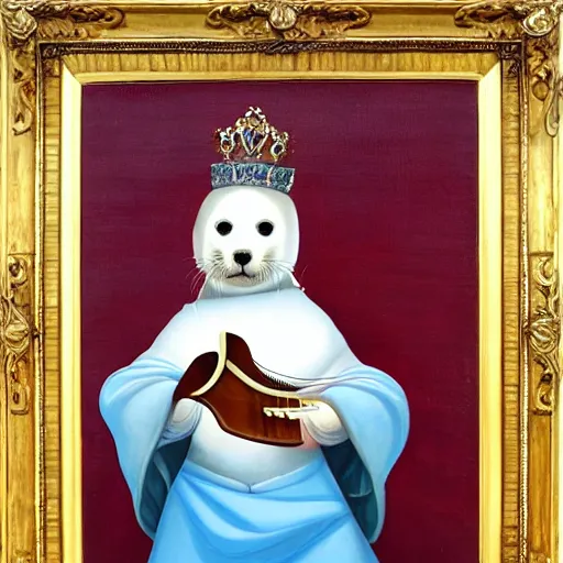 Image similar to portrait of a anthropomorphic baby harp seal dressed as an italian king, oil painting by sandra bottecelli