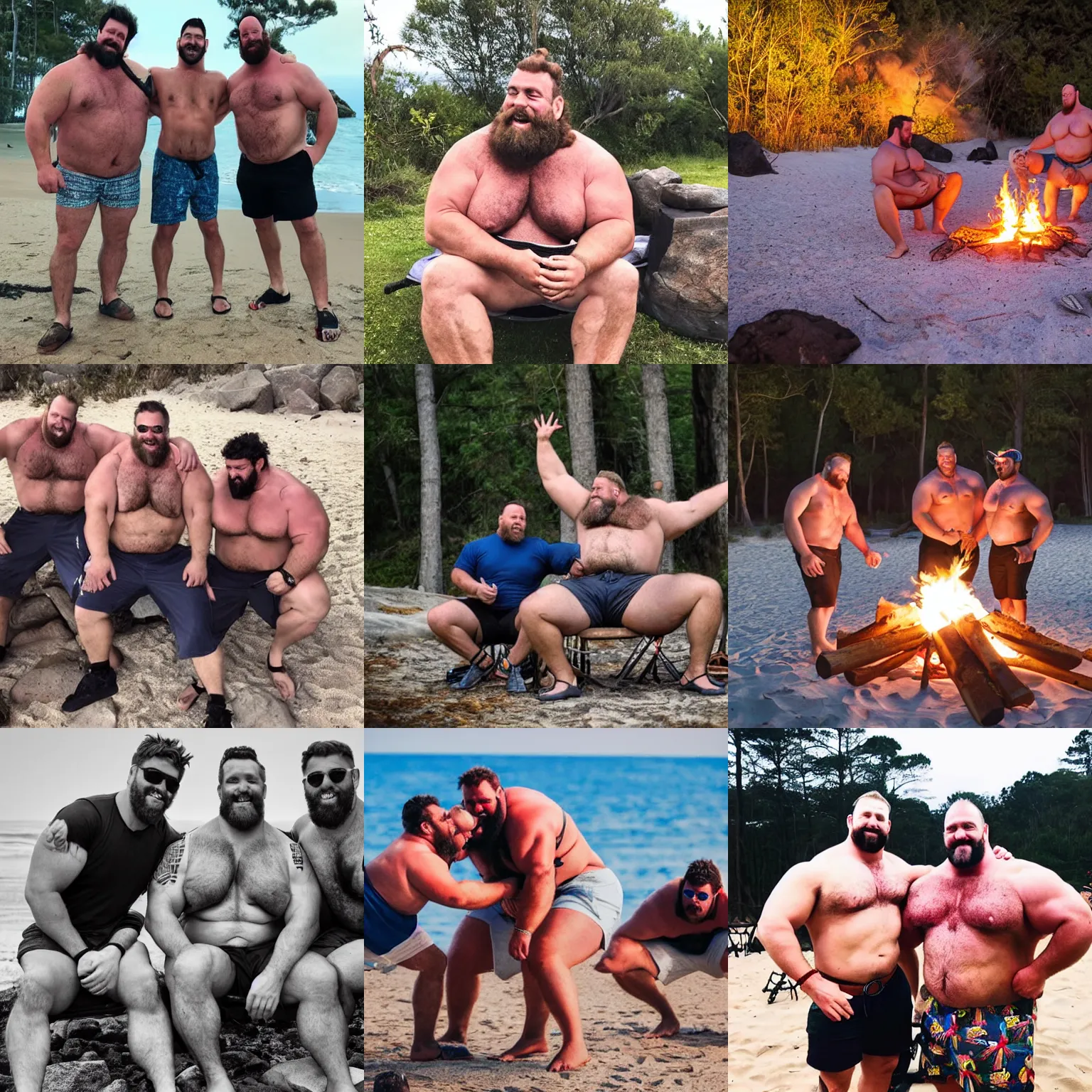Prompt: big burly strongmen daddies around a campfire on a beach, playing guitare and cuddling, photography, manly, brotherhood, wholesome, summer vibes, shorts, flip flops, dad energy, high definition, very detailed
