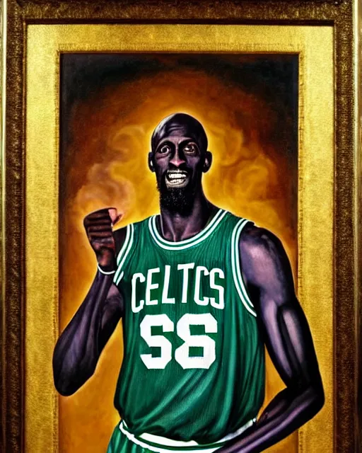 Image similar to portrait of boston celtics kevin garnett as a wizard at hogwarts, full body, mystical, magic, wizard, oil on canvas by william sidney mount, award winning