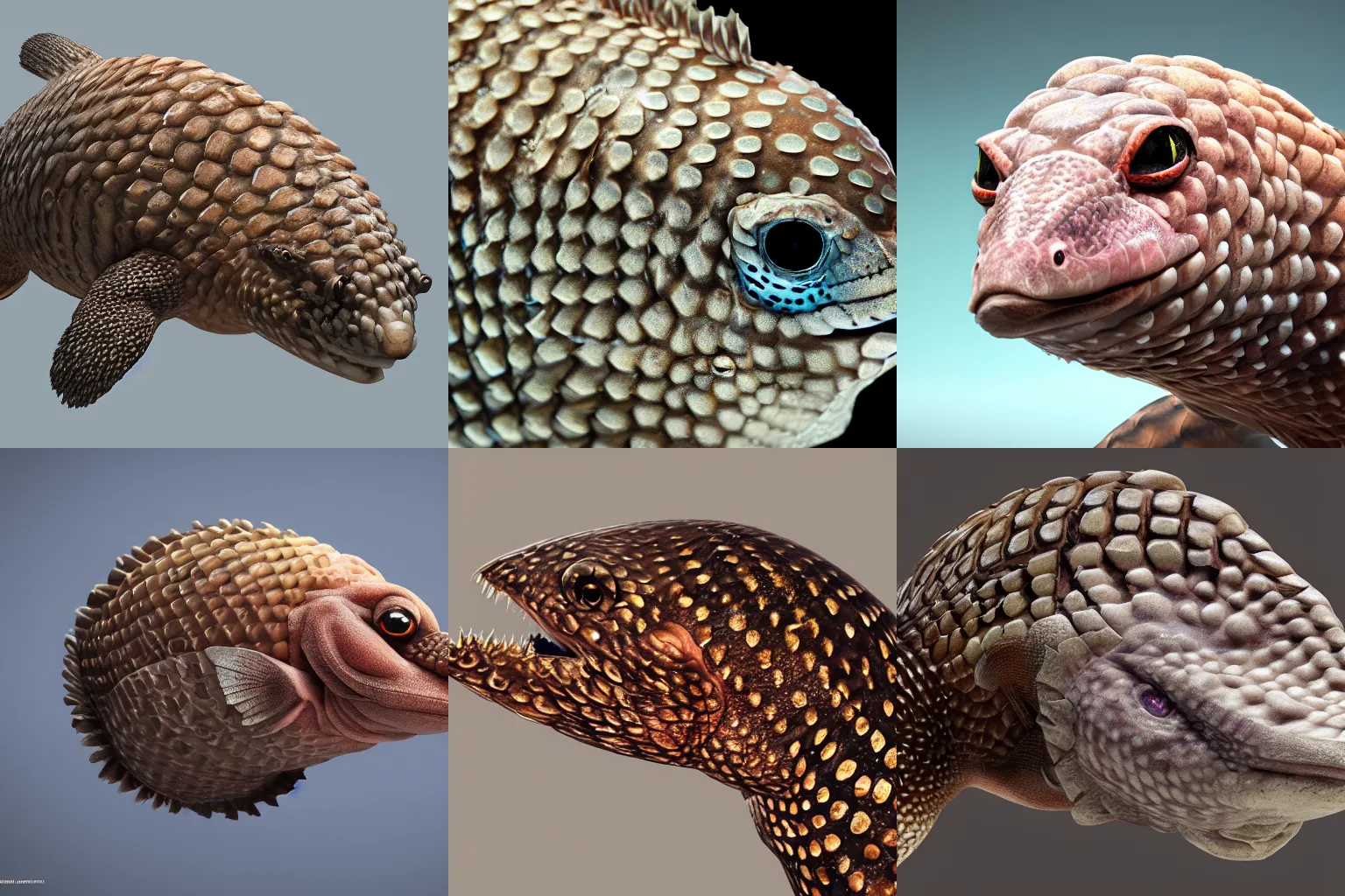 Prompt: closeup headshot of a grouper fish pangolin, bump mapping, global illumination, incredibly detailed, D&D boss, octane render, digital art by Norihiro Takami, trending on Artstation