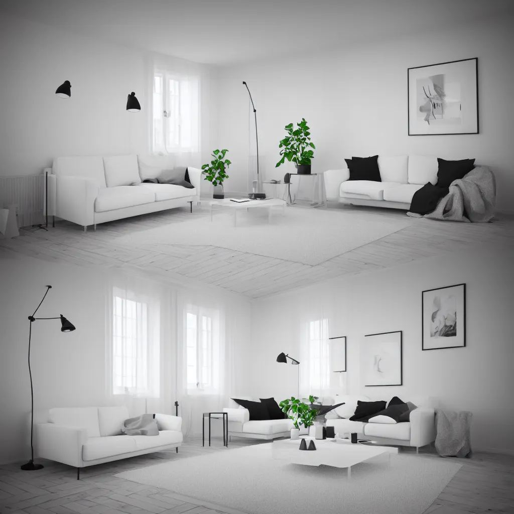 Prompt: modern interior in scandinavian style, white walls, sofa, 3 d render, 3 dsmax