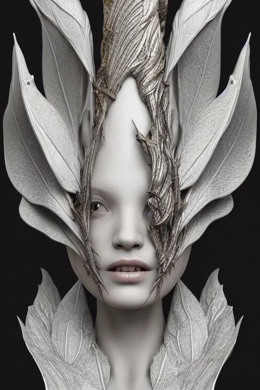 Image similar to bw close - up profile face, black background, beautiful young porcelain vegetal - dragon - cyborg - female, 1 5 0 mm, beautiful natural soft rim light, silver gold details, magnolia leaves and stems, roots, mandelbot fractal, elegant, ultra detailed, white metallic armour, octane render, h. r. giger style