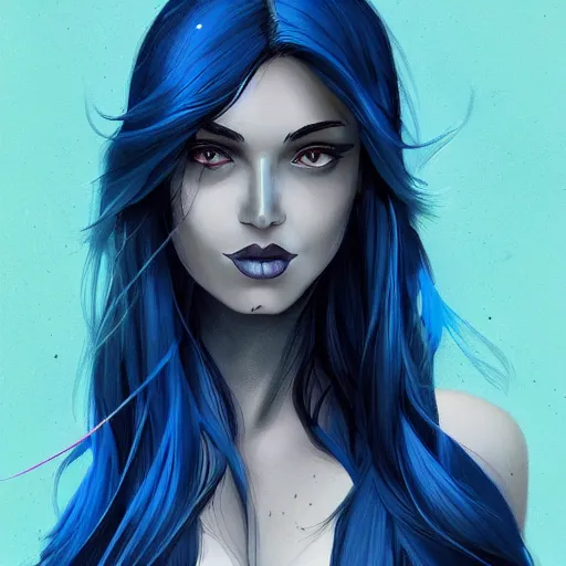 Prompt: a stunning upper body portrait of a beautiful woman with raven hair with a blue tint blowing in the wind by marvel comics, digital art, trending on artstation