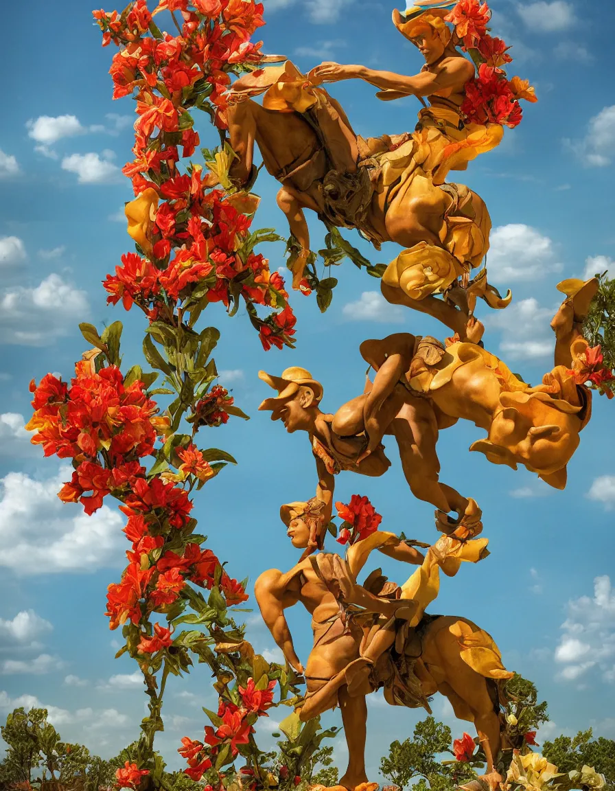 Image similar to a cowboy turning into blooms by slim aarons, by zhang kechun, by lynda benglis, by frank frazetta. tropical sea slugs, angular sharp tractor tires. bold complementary vivid colors. warm soft volumetric light. 8 k, 3 d render in octane. a manly cowboy riding wild flowers sculpture by antonio canova.