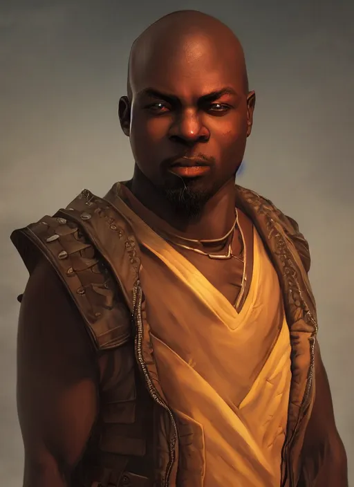 Image similar to An epic fantasy comic book style portrait painting of a young dark skinned thief with broad shoulders and a bald head in a vest, unreal 5, DAZ, hyperrealistic, octane render, cosplay, RPG portrait, dynamic lighting