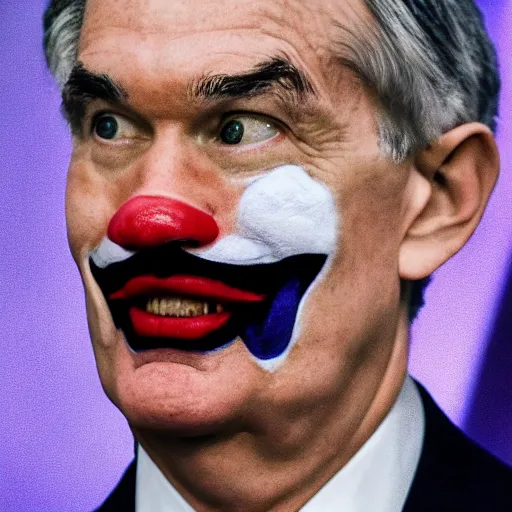 Prompt: photo of Jerome Powell with whiteface clown makeup using a flamethrower, highly-detailed