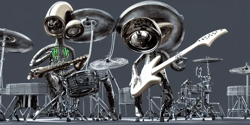 Prompt: aliens band play on drums and guitar, piano, rock concert, alien-drummer, alien-guitar player, realism, 3d render, highly detailed, 4k