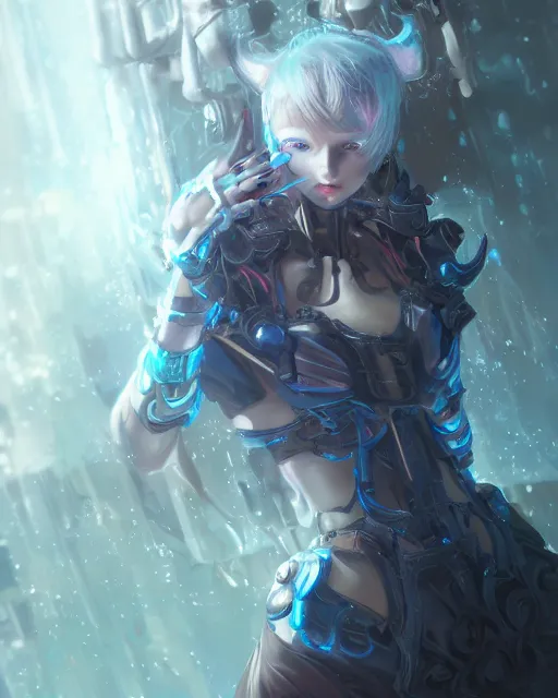 Image similar to holy cyborg necromancer girl, elegant, scifi, futuristic, utopia, garden, illustration, atmosphere, top lighting, blue eyes, white hair, beautiful, artstation, highly detailed, art by yuhong ding and chengwei pan and serafleur and ina wong