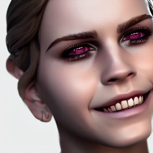 Image similar to textured film grain eye shadow smoky eyes subsurface scattering fashion model face smiling laughing squinting emma watson as a fortnite character cgsociety octane render unreal engine redshift render trending on artstation trending on artstation render blender behance cg superhero