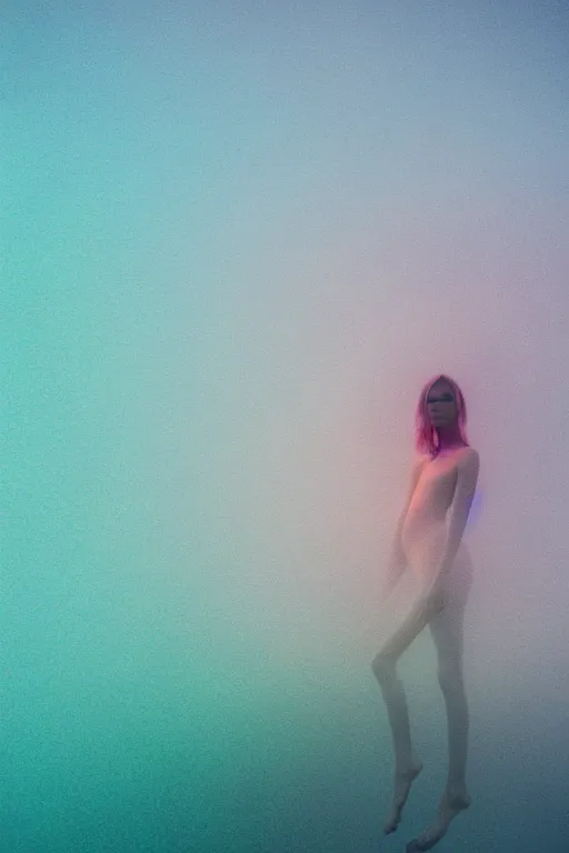 Image similar to high quality pastel coloured film close up wide angle photograph of a model wearing clothing swimming on cloud furniture in a icelandic black rock!! environment in a partially haze filled dreamstate world. three point light, rainbow. photographic production. art directed. pastel colours. volumetric clouds. pastel gradient overlay. waves glitch artefacts. extreme facial clarity. 8 k. filmic.