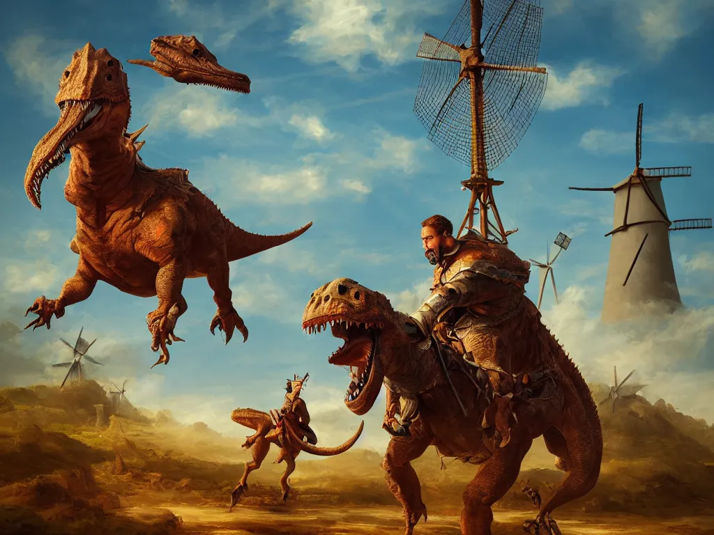 Image similar to portrait of a don quixote riding a dinosaur attacks a windmill, digital art, highly detailed, stunning scene, 4 k, realism, bright colors, trending on artstation