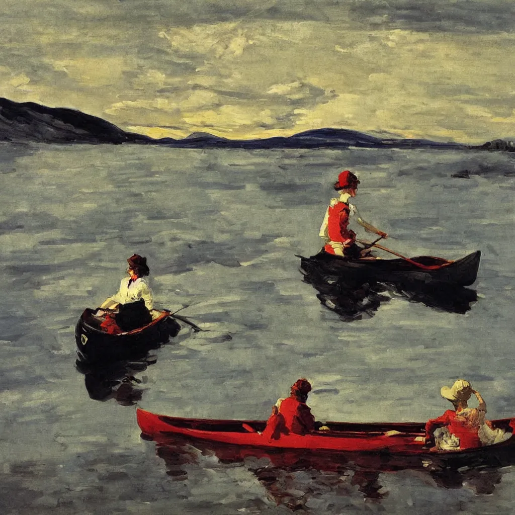 Prompt: a single woman sitting in one canoe on the hudson river, mountains in clouds, bright sun, oil painting, very detailed, by george bellows