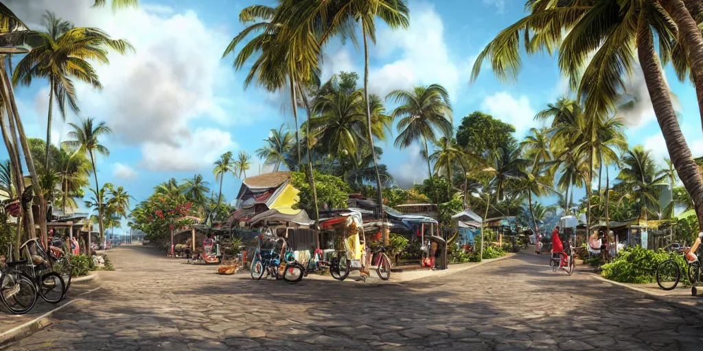 Prompt: a quaint fijian island town, street, shops, restaurant, street - level view, bicycles, view of ocean in the distance at end of street, digital illustration, art by artgerm and edmund blair leighton, trending on artstation, intricate, amazing detail, concept art, sharp focus, octane render, unreal engine, cinematic lighting