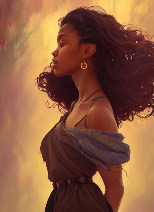 Image similar to handsome young black women with shoulder length brown hair, half body shot, path traced, highly detailed, high quality, digital painting, alena aenami, lilia alvarado, shinji aramaki, karol bak, alphonse mucha, tom bagshaw