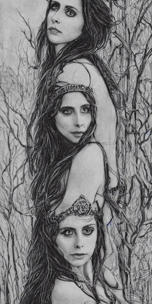 Prompt: An etching medium shot portrait of Alison Brie as an ancient princess with gothic woods in the background