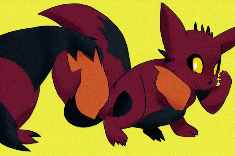 Image similar to zorua the black and maroon fox - like pokemon playing with a yellow and black pikachu, digital anime art