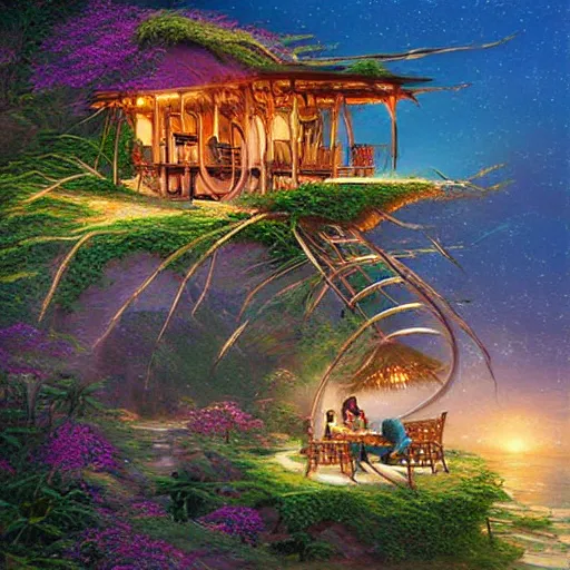 Prompt: beautiful portrait of bamboo living pods hanging from a cliff, the time machine, art by artgerm, artwork by thomas kinkade