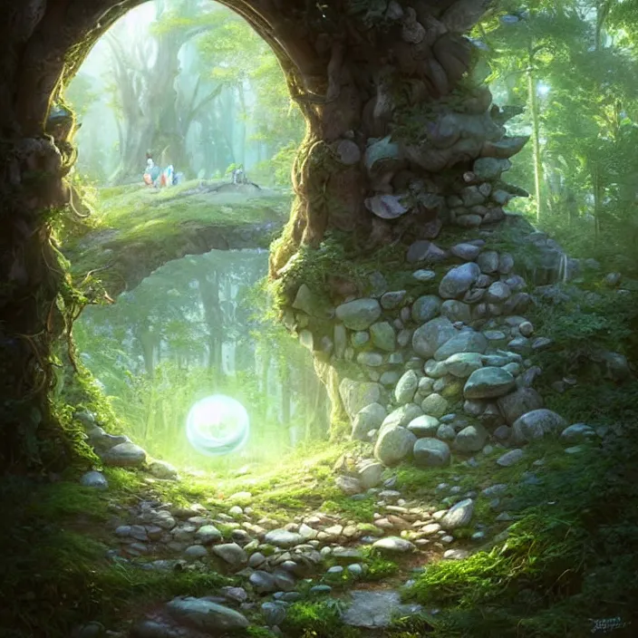 Image similar to Fantasy Magical fairy-tale stone portal in the forest. Round stone portal teleport in trees to other worlds. Fantastic landscape. Magic Altar in the fores, highly detailed, digital painting, artstation, concept art, smooth, sharp focus, illustration, art by artgerm and greg rutkowski and alphonse mucha