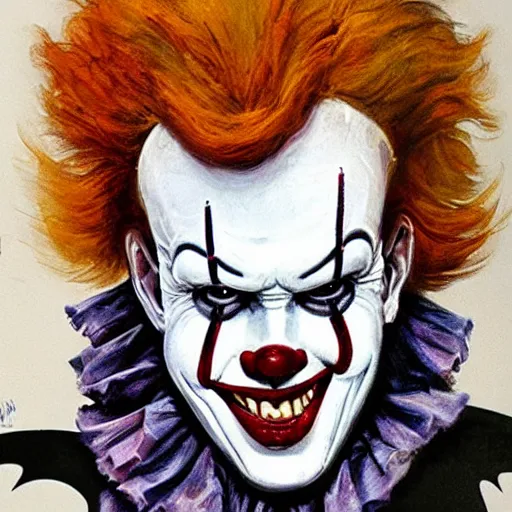 Image similar to portrait of pennywise mixed with batman by abbey edwin austin