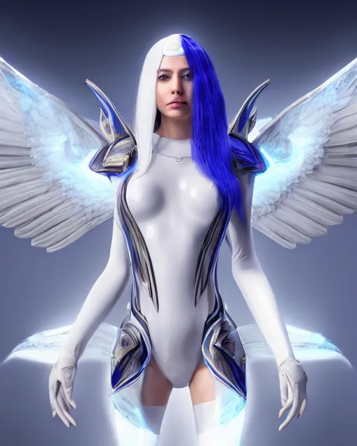 Image similar to perfect white haired attractive egyptian goddess with huge white dove wings, warframe armor, beautiful, symmetric, dreamy, half asian, pretty face, blue eyes, detailed, scifi platform, laboratory, charlize theron, 4 k, ultra realistic, epic lighting, android body, illuminated, cinematic, masterpiece, art by akihito tsukushi, voidstar