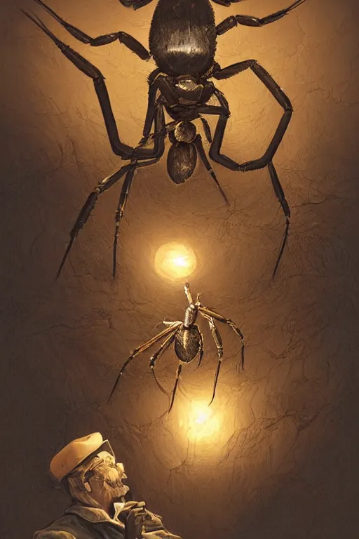 Prompt: a close - up view of an old - fashioned explorer facing the viewer and holding a lamp in front of him, with an enormous monstrous spider right behind, dramatic lighting, low angle, wide angle, creepy, horrific, realistic, fantasy art, highly detailed digital art