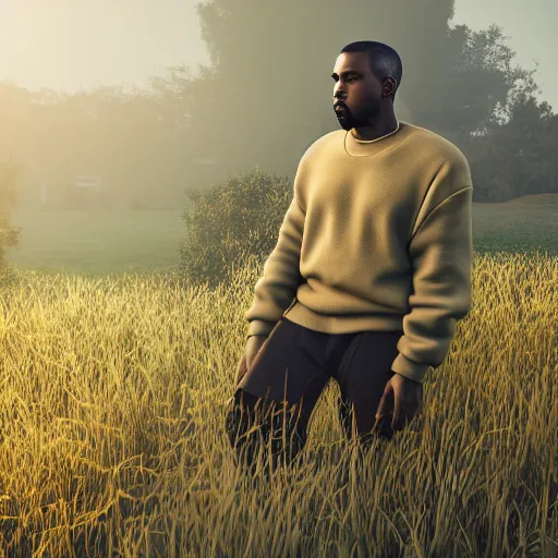 Prompt: a photo of kanye west in the middle of a garden, golden hour, dreamy, misty, cool, afrofuturistic, side shot, detailed, rendered in unreal engine