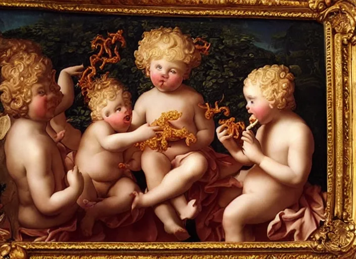 Image similar to cherubs eating cheeto's, extremely detailed, a baroque painting, rococo style