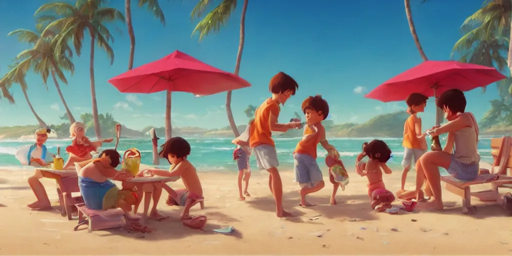 Image similar to a wholesome animation key shot of kids eating ice cream at a tropical beach, medium shot, waist up, studio Pixar and Disney animation, sharp, very detailed, high resolution, Rendered in Unreal Engine 5, anime key art by Greg Rutkowski, Bloom, dramatic lighting