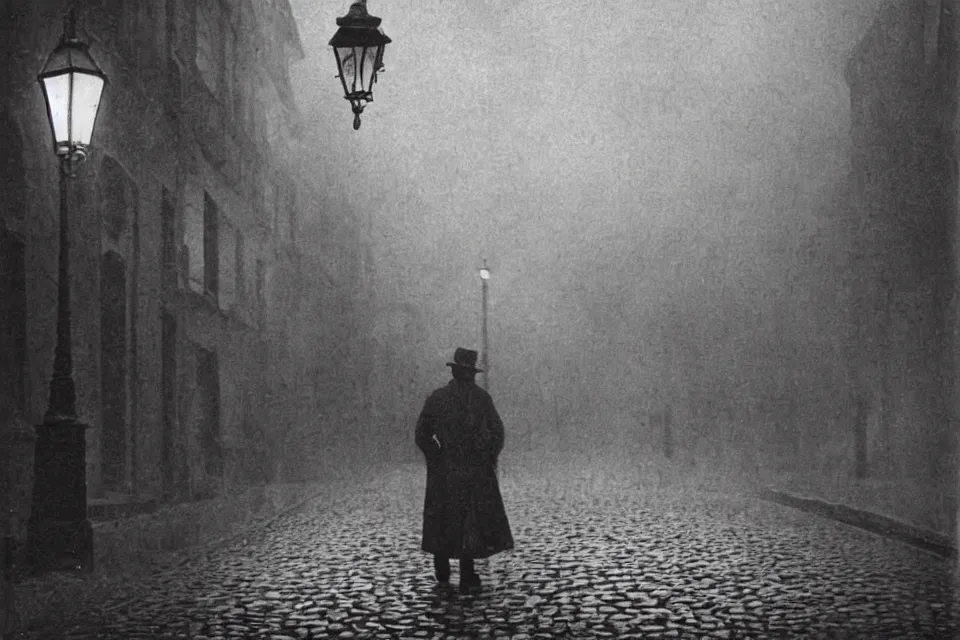 Prompt: wet plate photograph, august strindberg waking alone at night along cobblestone street in vienna, night time, alone, lamplight, victorian era, depth of field, very detailed, fog, highly accurate, intricate