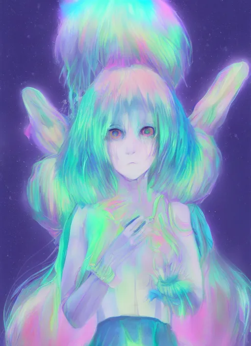 Prompt: placid pastel cute warped otherworldly IRIDESCENT GLOWING FOURTH-DIMENSION, VOMITCORE, WICKED TWISTED MOTTLED STRANGE FEARFUL LAND, WHERE THE FUCK AM I, PARADOXICLAND painterly fluffy trending on pixiv