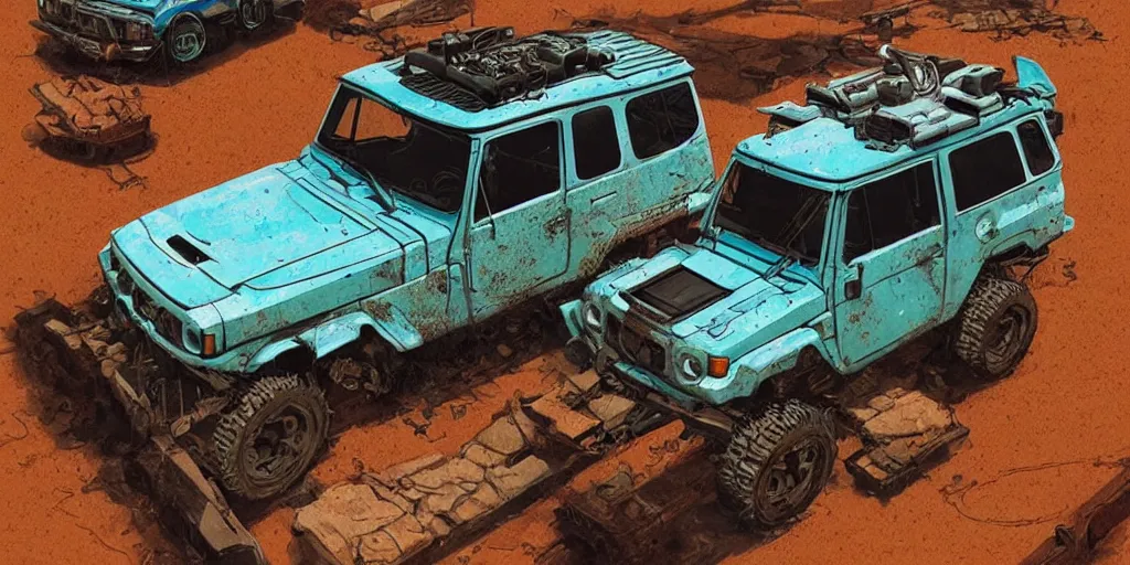 Image similar to digital illustration of a futuristic faded cyan mad max's fj 4 0 decrepit!!!! pursuit special, rusty!!! cyberpunk nissan fj cruiser heavily modded 1 9 9 0 s, the last v 8 interceptor by makoto shinkai, ilya kuvshinov, lois van baarle, rossdraws, basquiat