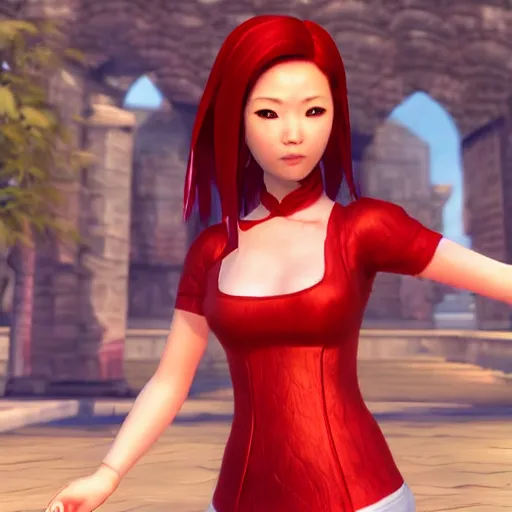 Prompt: half length portrait of a half - chinese teenage girl with short red hair and red outfit, still from arcane : league of legends 3 d by christopher c. lee