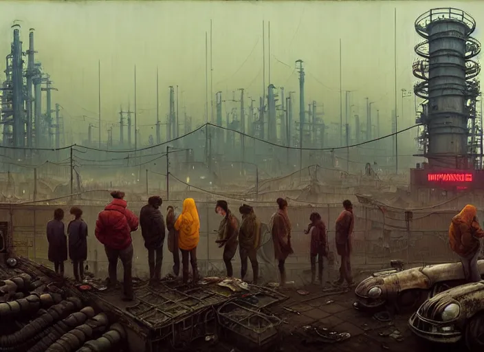 Prompt: waiting in line for crude oil by simon stalenhag and gil elvgren and tom bagshaw and marc simonetti and jan miense molenaer and arthur adams, dystopian slums, highly detailed, hyperrealism, cloudy, smog, high contrast, smogpunk, oilpunk, high saturation, intricate complexity, gas masks