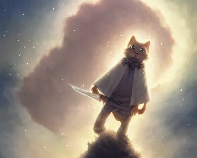 Image similar to one cartoonish kitty dressed as Gandalf floating alone in space, bright stars, anime, a fantasy digital painting by Greg Rutkowski and James Gurney, trending on Artstation, highly detailed