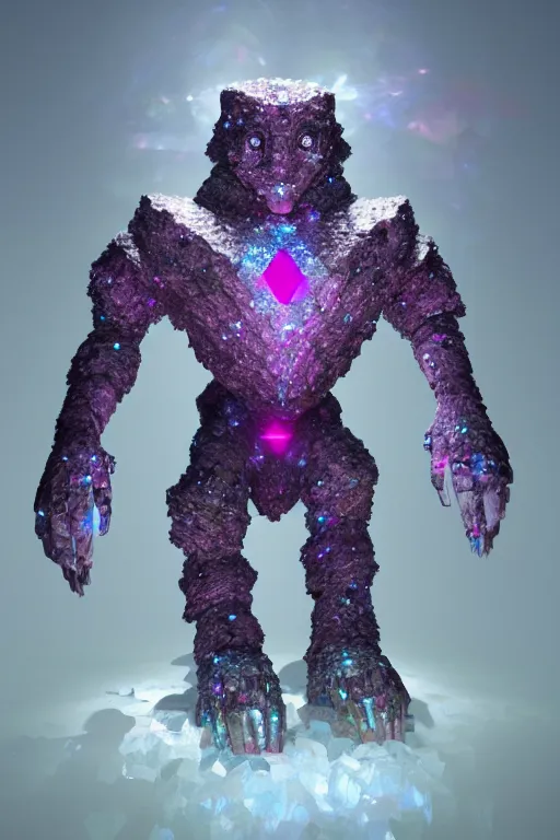 Prompt: a majestic fantasy golem made of crystals, rubies and diamonds. d & d. shining surfaces. monstrous creature. in front of an iridescent cave background. white to cyan gradient. high details. 4 k. digital art. trending on artstation.