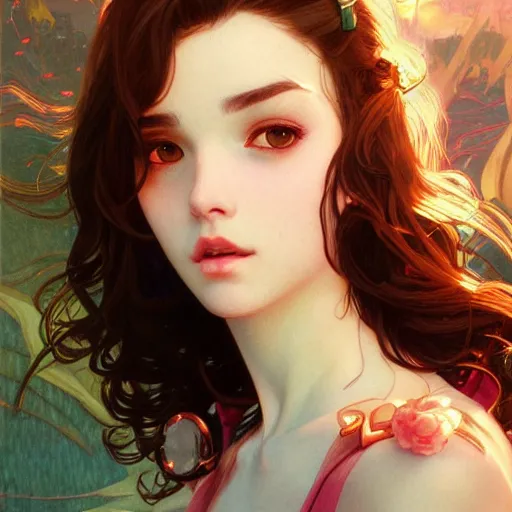 Image similar to brunette uwu girl cute, vaporwave, highly detailed, digital painting, artstation, concept art, smooth, sharp focus, illustration, art by artgerm and greg rutkowski and alphonse mucha