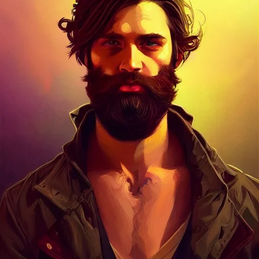 Image similar to Heartbreak, handsome, colorful, beard, long hair, male, dramatic lighting, face, upper body, detailed, intricate, elegant, highly detailed, digital painting, artstation, concept art, smooth, sharp focus, illustration, art by Sam Spratt, Dan Mumford, Artem Demura and Alphonse Mucha