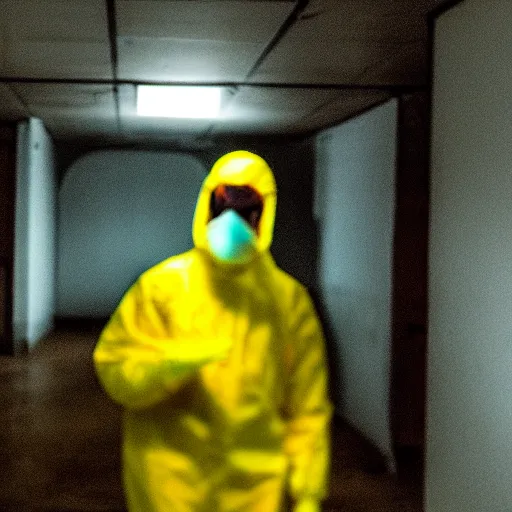 Image similar to a man wearing a yellow hazmat suit inside the backrooms, liminal space, flickering fluorescent lights, eerie mood