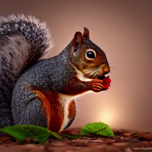 Image similar to Squirrel eating rose bush, realistic artstyle, wide shot, dramatic lighting, octane render, hyperrealistic, high quality, highly detailed, HD, beautiful, cinematic, 8k, unreal engine, facial accuracy, symmetrical