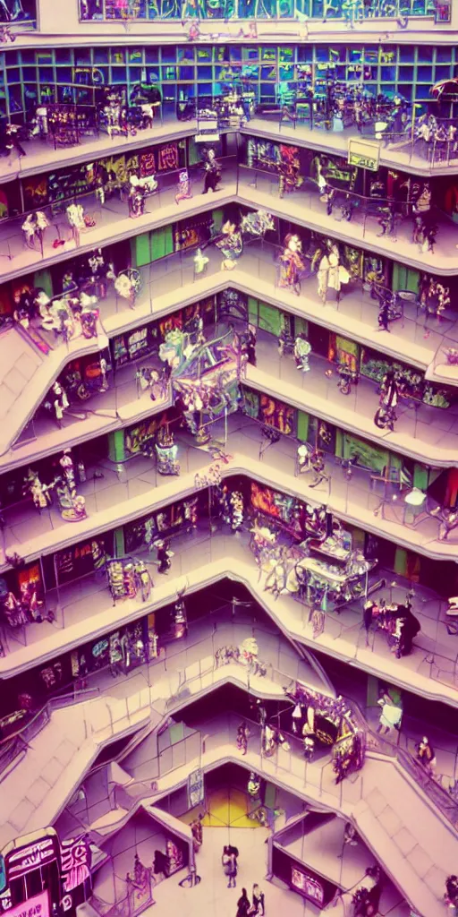 Prompt: huge sprawling angular dimension of infinite 8 0 s mall interior. liminal space, surrealism, mallsoft, vaporwave. muted colors, 8 0 s pop culture, food court, shot from above, endless, neverending epic scale by escher and ricardo bofill