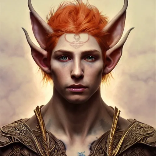 Image similar to portrait painting of a young elven man with a soft face and short light orange hair and tribal tattoos on his face wearing feather armor, ultra realistic, concept art, intricate details, eerie, highly detailed, photorealistic, octane render, 8 k, unreal engine. art by artgerm and greg rutkowski and charlie bowater and magali villeneuve and alphonse mucha