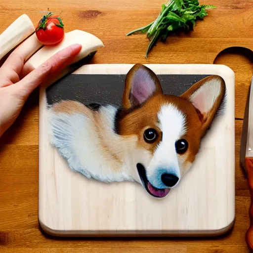 Image similar to a corgi using a cutting board