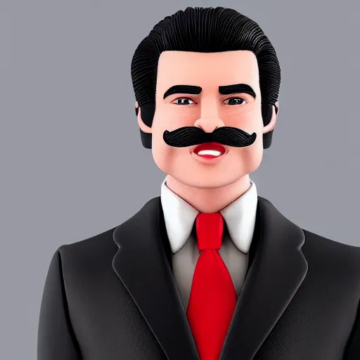 Prompt: A man with a chiseled face and a big jawline with a 80s mustache and slicked back jet black hair in a red suit while smiling, at an angle, 4k resolution, 8k resolution, HD Quality, highly detailed, very detailed, detailed, studio quality lighting, in the style of TF2