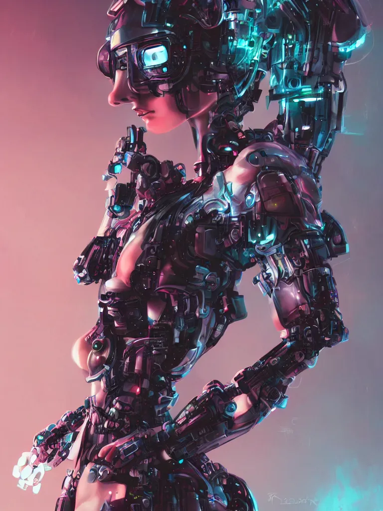 Prompt: a photoshoot of a gorgeous robotic cyberpunk female by ross tran