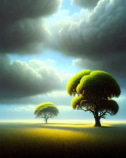 Image similar to a hyper - detailed 3 d render like an oil painting of cloud trees of the black oak savanna, surrealism!!!!! surreal concept art, lifelike, photorealistic, digital painting, aesthetic, smooth, sharp focus, artstation hd, by greg rutkowski, bruce pennington, valentina remenar, rhads, asher duran,