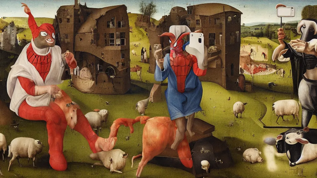 Image similar to A butcher and sheep wearing a spiderman costume taking a selfie smiling, in the fashion of Hieronymus Bosch, oil on canvas, painting, 4k, wide shot