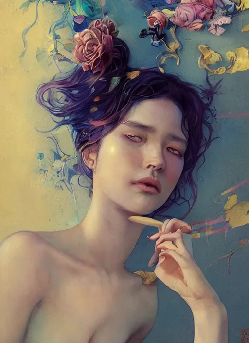 Image similar to beautiful fantasy painting of a chill summer day, by Kenne Gregoire, James Jean, Tran Nguyen, WLOP, Jakub Rebelka. trending on Artstation, 8k, masterpiece, face enhance, graffiti paint, fine detail, full of color, intricate detail, golden ratio illustration