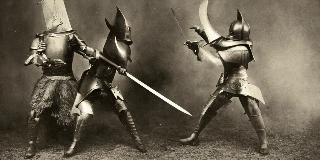 Image similar to an anthropomorphic fox furry fighting an evil knight who is twice as tall, 1 9 0 0 s photograph