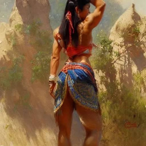 Prompt: a fit and muscular nepali woman from side wearing skirt. highly detailed painting by gaston bussiere, craig mullins, j. c. leyendecker 8 k